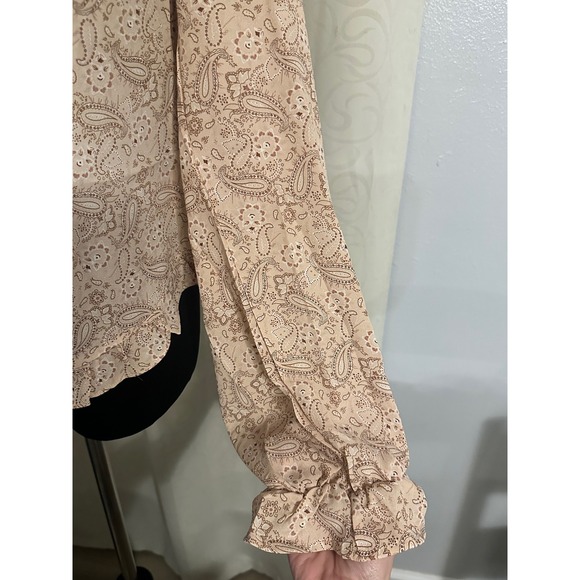 Savanna Jane Paisley Ruched Front Ruffle Blouse Pink  Boho Balloon Sleeve NEW-L - Picture 6 of 7